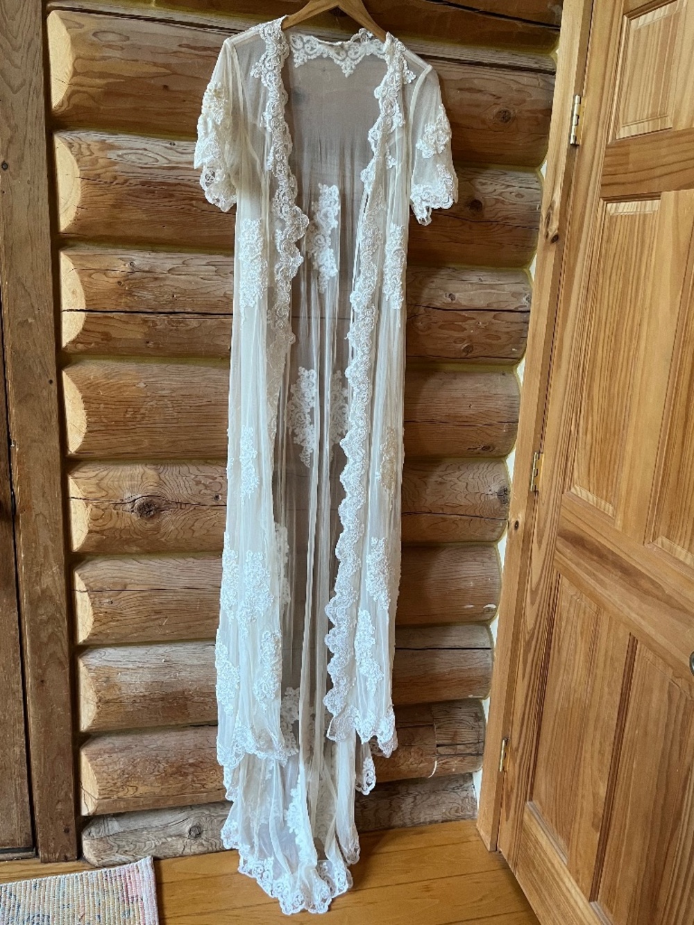 Vintage White Beaded Bridal Robe Sheer Lace Night Gown Train Coverup Sequin OS